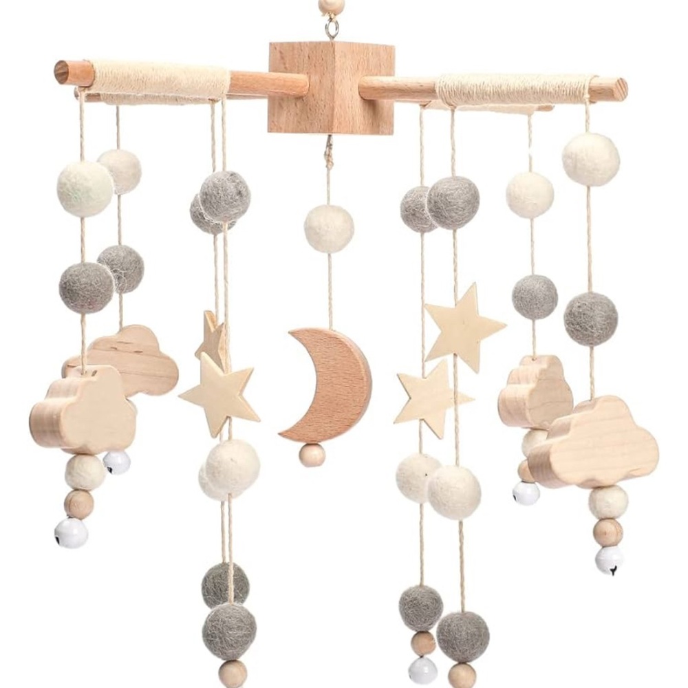 **NEW*Wooden Baby Mobile w/Clouds &Stars + Electronic Arm - Spins & Plays Music